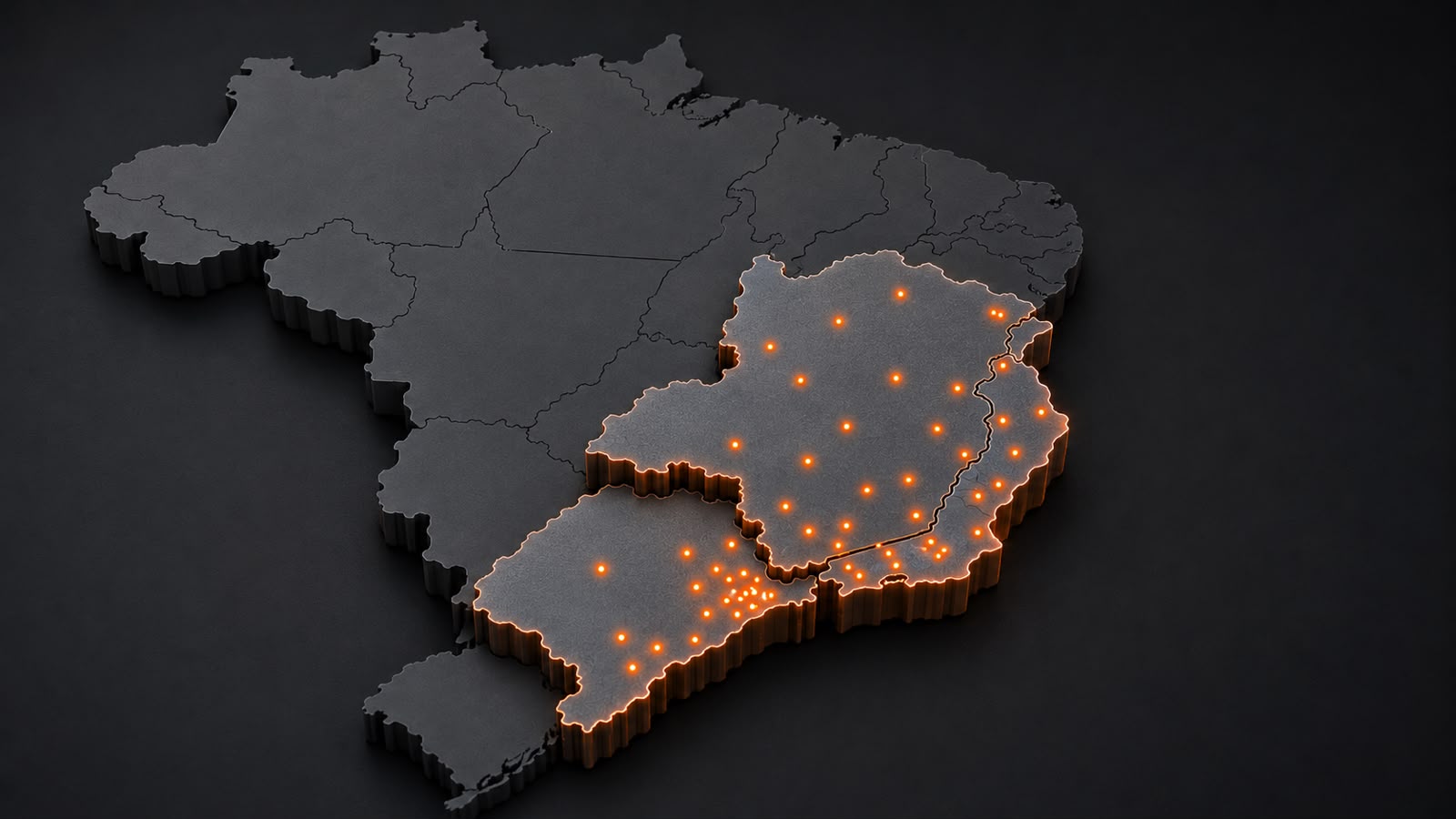 Mapa do Brasil com atuação da MLQ nas regiões Sudeste e Centro-Oeste